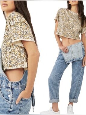 Free People Sammie Flower Raglan Crop Tee XL Daisy Cotton We The Free Boho